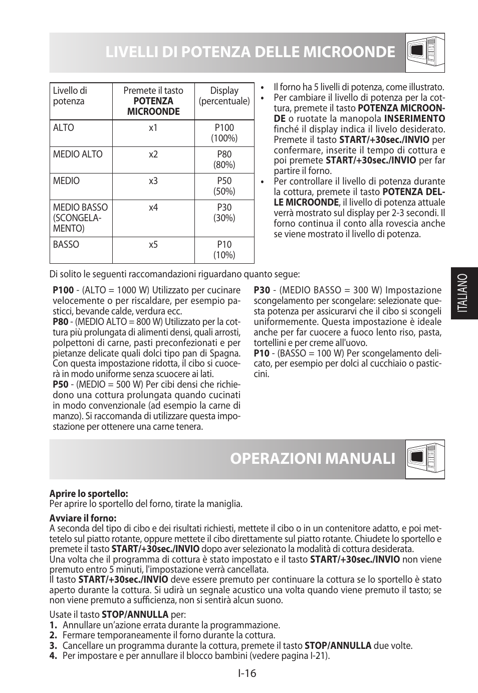 Livelli di potenza delle microonde, Operazioni manuali, It aliano | Sharp R-982STWE User Manual | Page 97 / 266