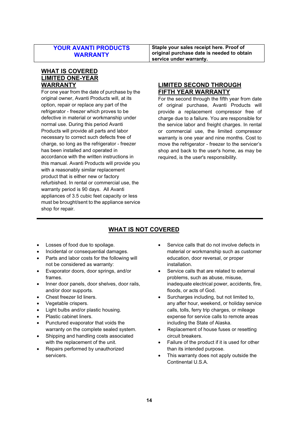 Your avanti products warranty, What is covered limited one-year warranty, Limited second through fifth year warranty | What is not covered | Avanti FF999PS User Manual | Page 14 / 20
