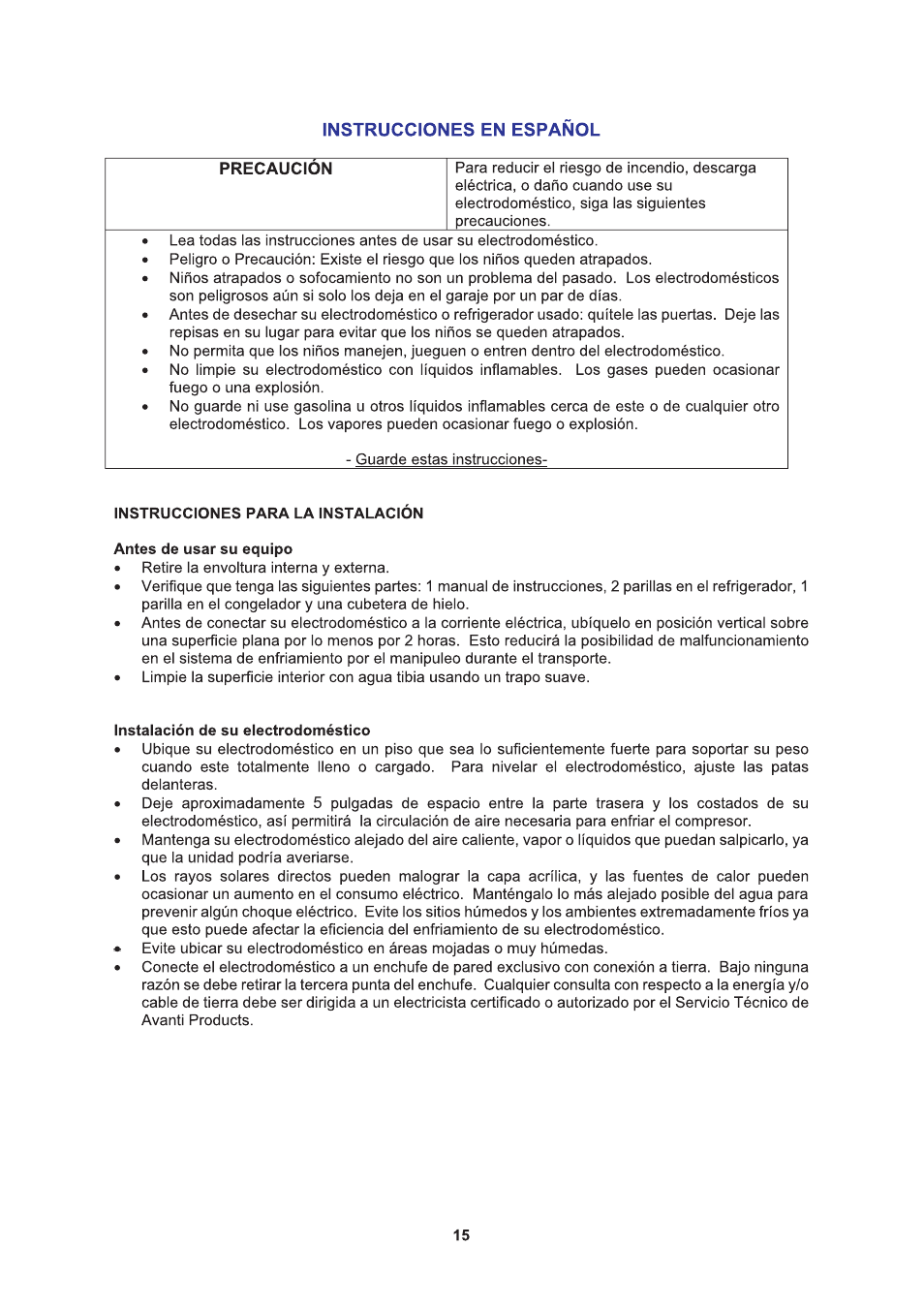 Instrucciones en español | Avanti FF999PS User Manual | Page 15 / 20