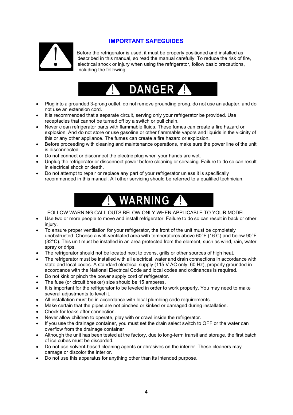 A danger a, Warning | Avanti FF999PS User Manual | Page 4 / 20