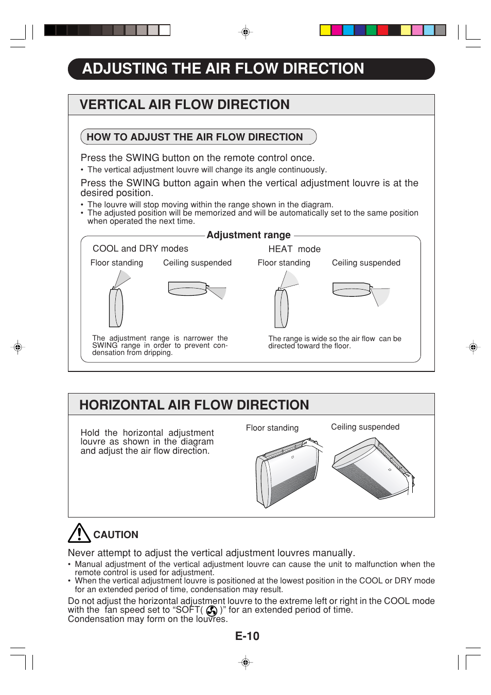 Adjusting the air flow direction, Vertical air flow direction, Horizontal air flow direction | E-10 | Sharp GS-XPM12FR User Manual | Page 12 / 104