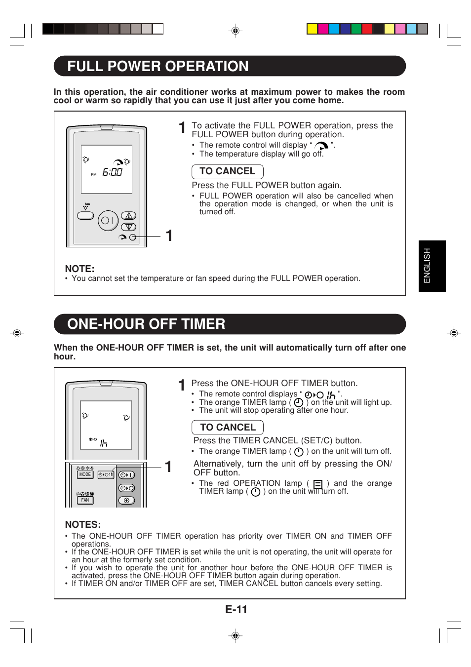 Full power operation, One-hour off timer, E-11 | Sharp GS-XPM12FR User Manual | Page 13 / 104