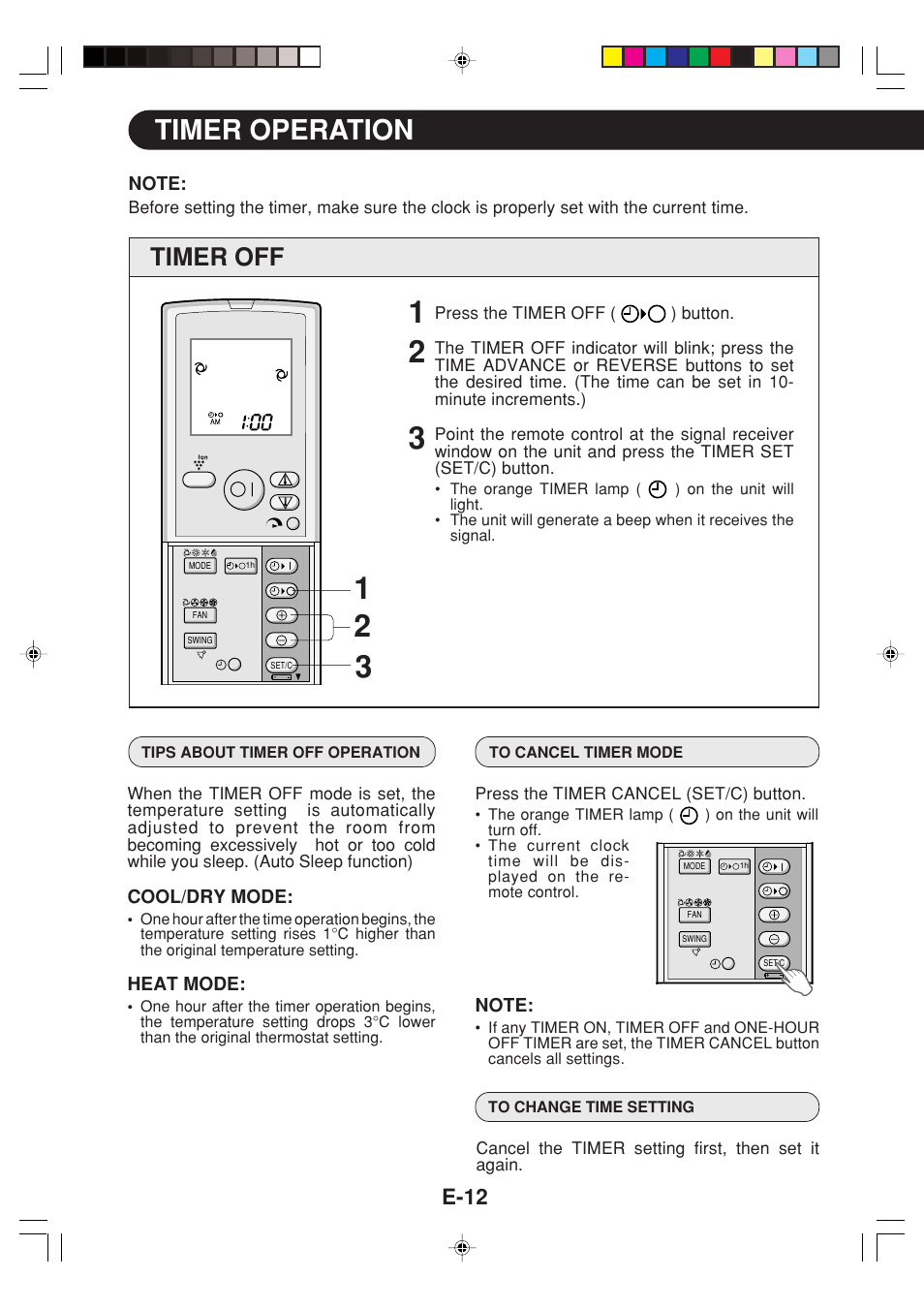 Timer operation, Timer off, E-12 | Sharp GS-XPM12FR User Manual | Page 14 / 104