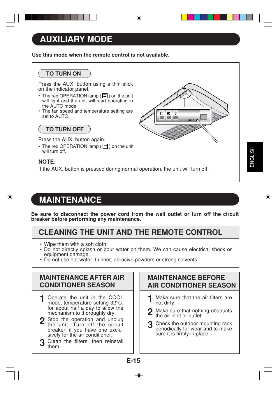 Maintenance, Auxiliary mode, Cleaning the unit and the remote control | Sharp GS-XPM12FR User Manual | Page 17 / 104