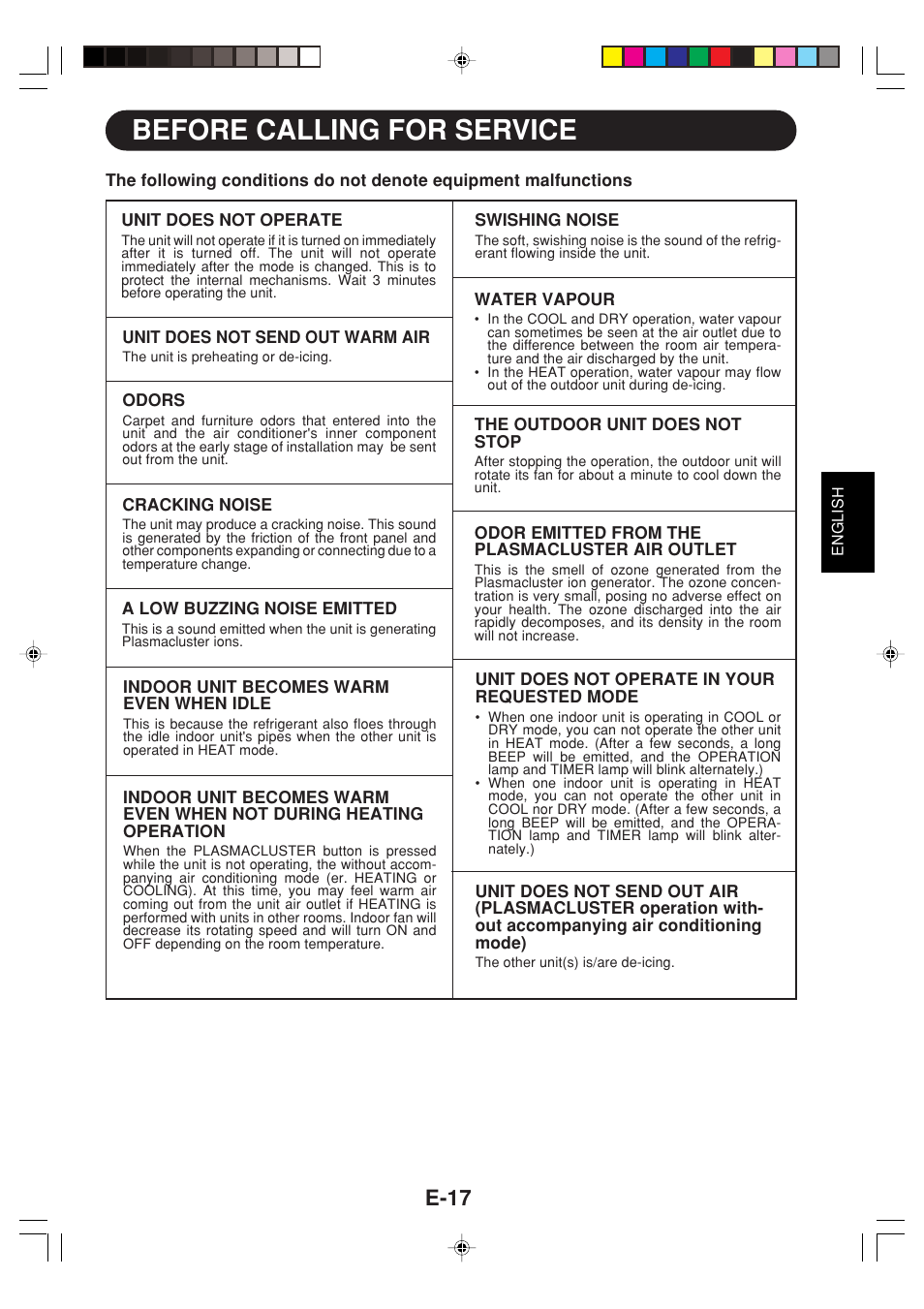 Before calling for service, E-17 | Sharp GS-XPM12FR User Manual | Page 19 / 104