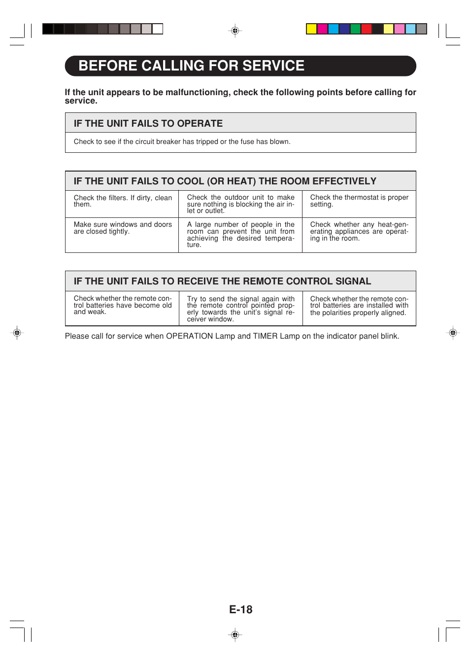 Before calling for service, E-18 | Sharp GS-XPM12FR User Manual | Page 20 / 104