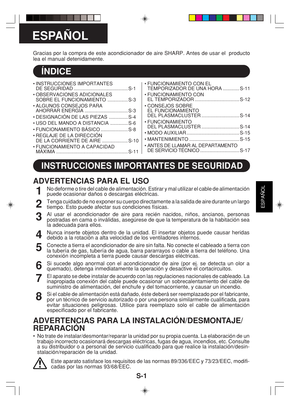 Español, Índice, Instrucciones importantes de seguridad | Advertencias para el uso | Sharp GS-XPM12FR User Manual | Page 23 / 104