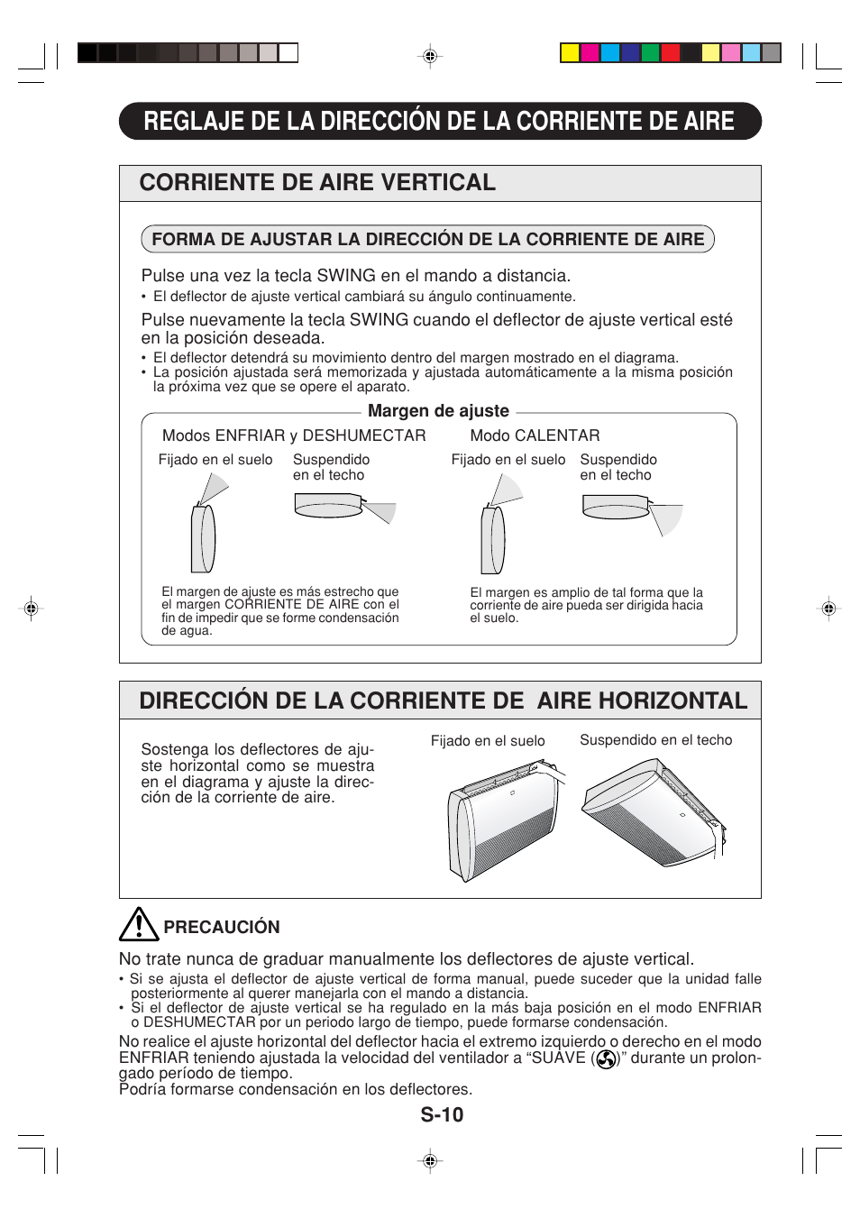 Reglaje de la dirección de la corriente de aire, Corriente de aire vertical, Dirección de la corriente de aire horizontal | S-10 | Sharp GS-XPM12FR User Manual | Page 32 / 104