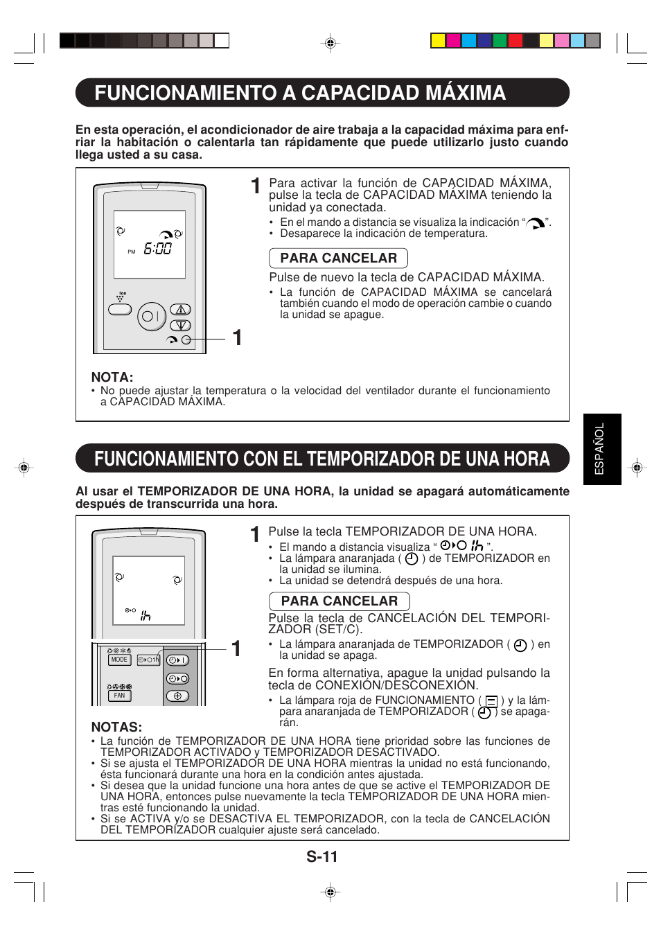 Funcionamiento a capacidad máxima, Funcionamiento con el temporizador de una hora, S-11 | Sharp GS-XPM12FR User Manual | Page 33 / 104