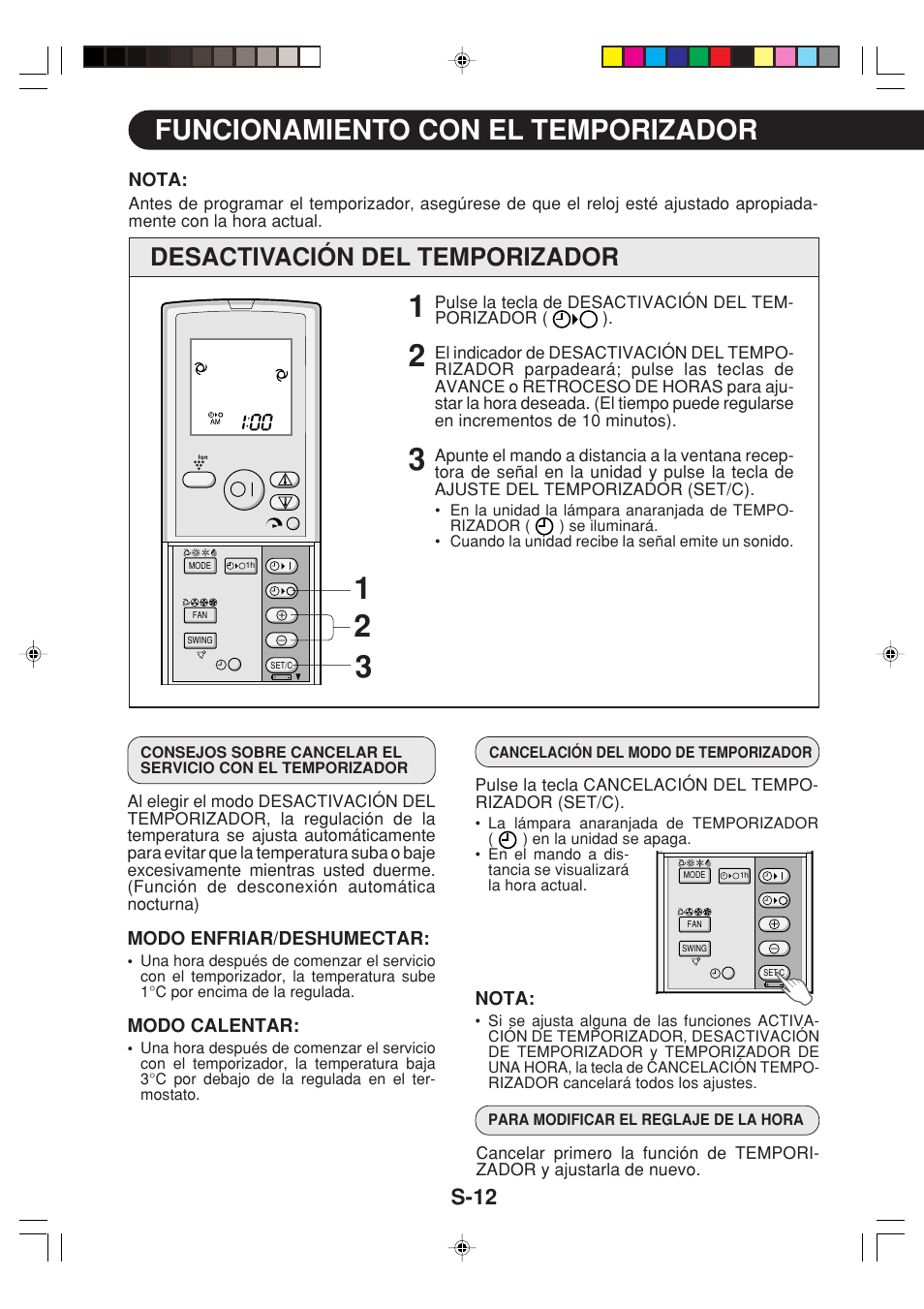 Funcionamiento con el temporizador, Desactivación del temporizador, S-12 | Sharp GS-XPM12FR User Manual | Page 34 / 104