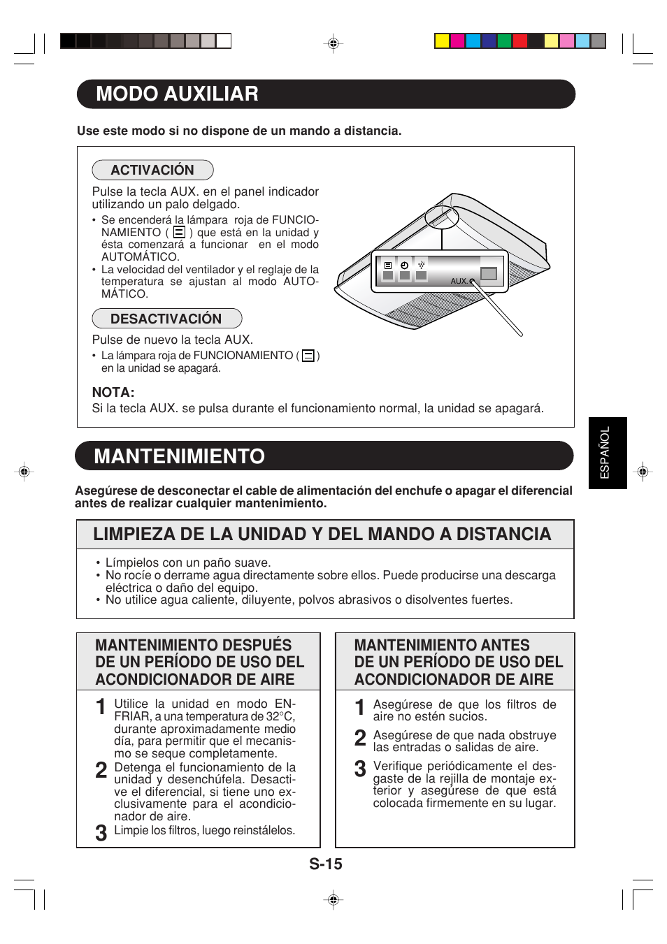 Mantenimiento, Modo auxiliar, Limpieza de la unidad y del mando a distancia | Sharp GS-XPM12FR User Manual | Page 37 / 104