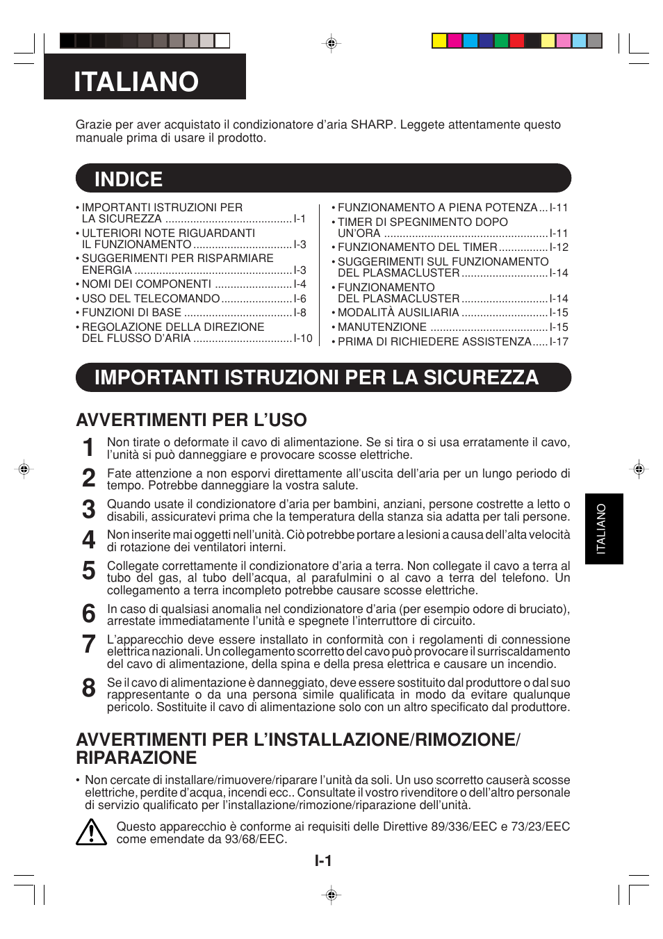 Italiano, Indice, Importanti istruzioni per la sicurezza | Avvertimenti per l’uso | Sharp GS-XPM12FR User Manual | Page 43 / 104