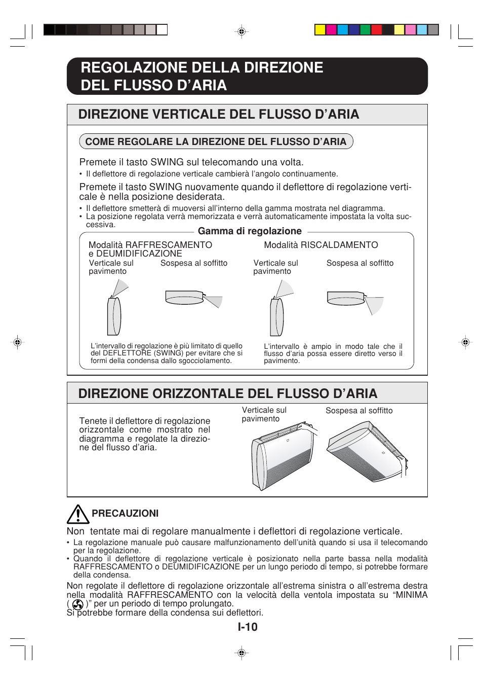 Regolazione della direzione del flusso d’aria, Direzione verticale del flusso d’aria, Direzione orizzontale del flusso d’aria | I-10 | Sharp GS-XPM12FR User Manual | Page 52 / 104