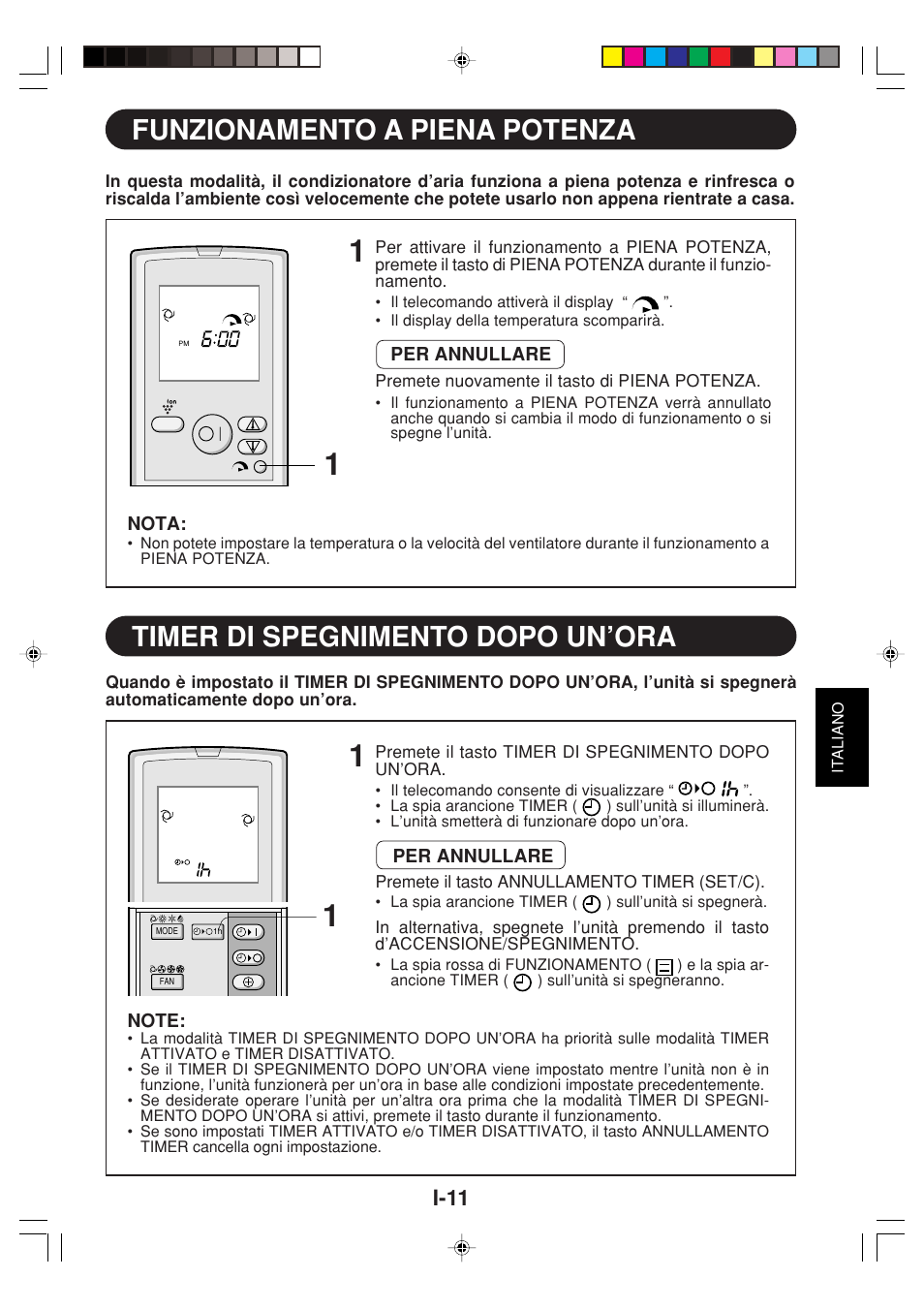 Funzionamento a piena potenza, Timer di spegnimento dopo un’ora, I-11 | Sharp GS-XPM12FR User Manual | Page 53 / 104