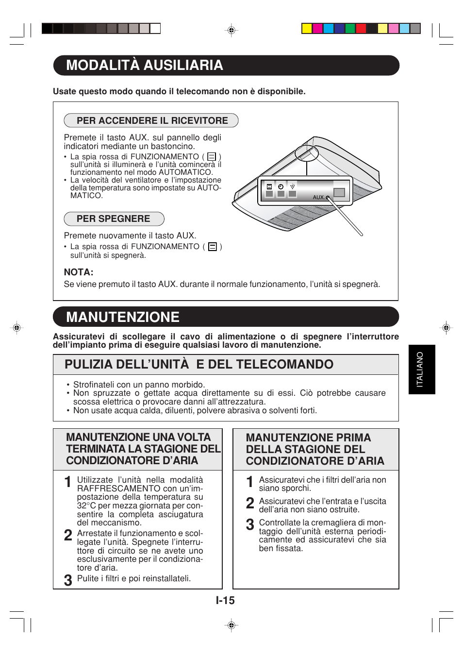 Manutenzione, Modalità ausiliaria, Pulizia dell’unità e del telecomando | Sharp GS-XPM12FR User Manual | Page 57 / 104