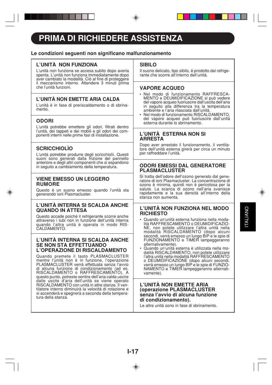 Prima di richiedere assistenza, I-17 | Sharp GS-XPM12FR User Manual | Page 59 / 104