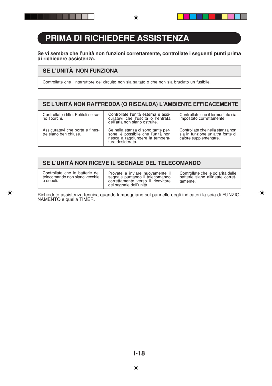 Prima di richiedere assistenza, I-18 | Sharp GS-XPM12FR User Manual | Page 60 / 104