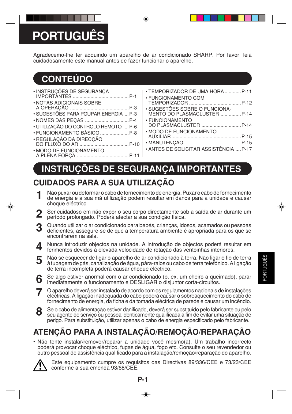 Português, Conteúdo, Instruções de segurança importantes | Cuidados para a sua utilização, Atenção para a instalação/remoção/reparação | Sharp GS-XPM12FR User Manual | Page 63 / 104