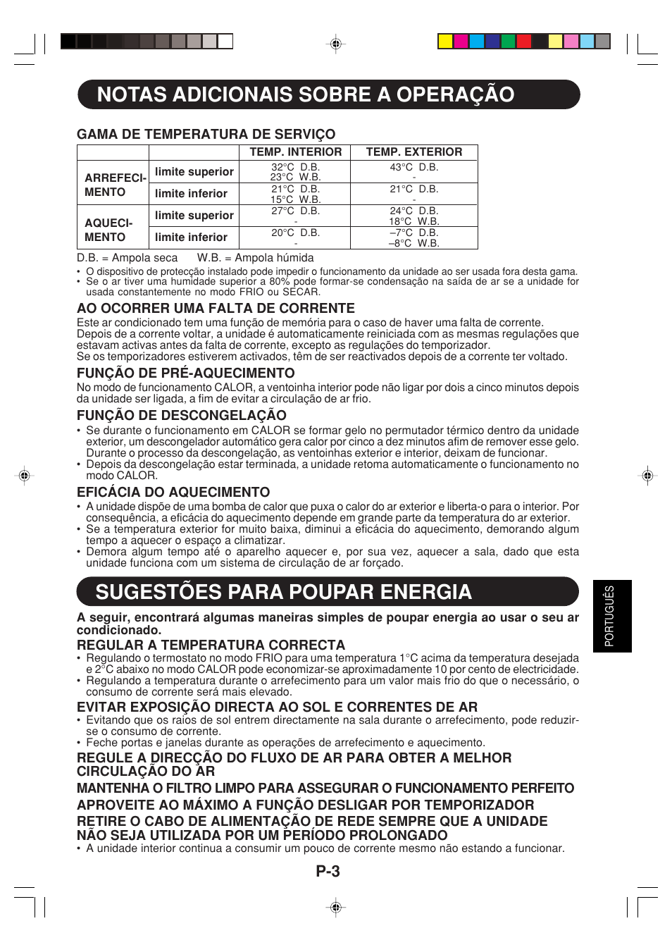 Notas adicionais sobre a operação o funcionamento, Sugestões para poupar energia | Sharp GS-XPM12FR User Manual | Page 65 / 104