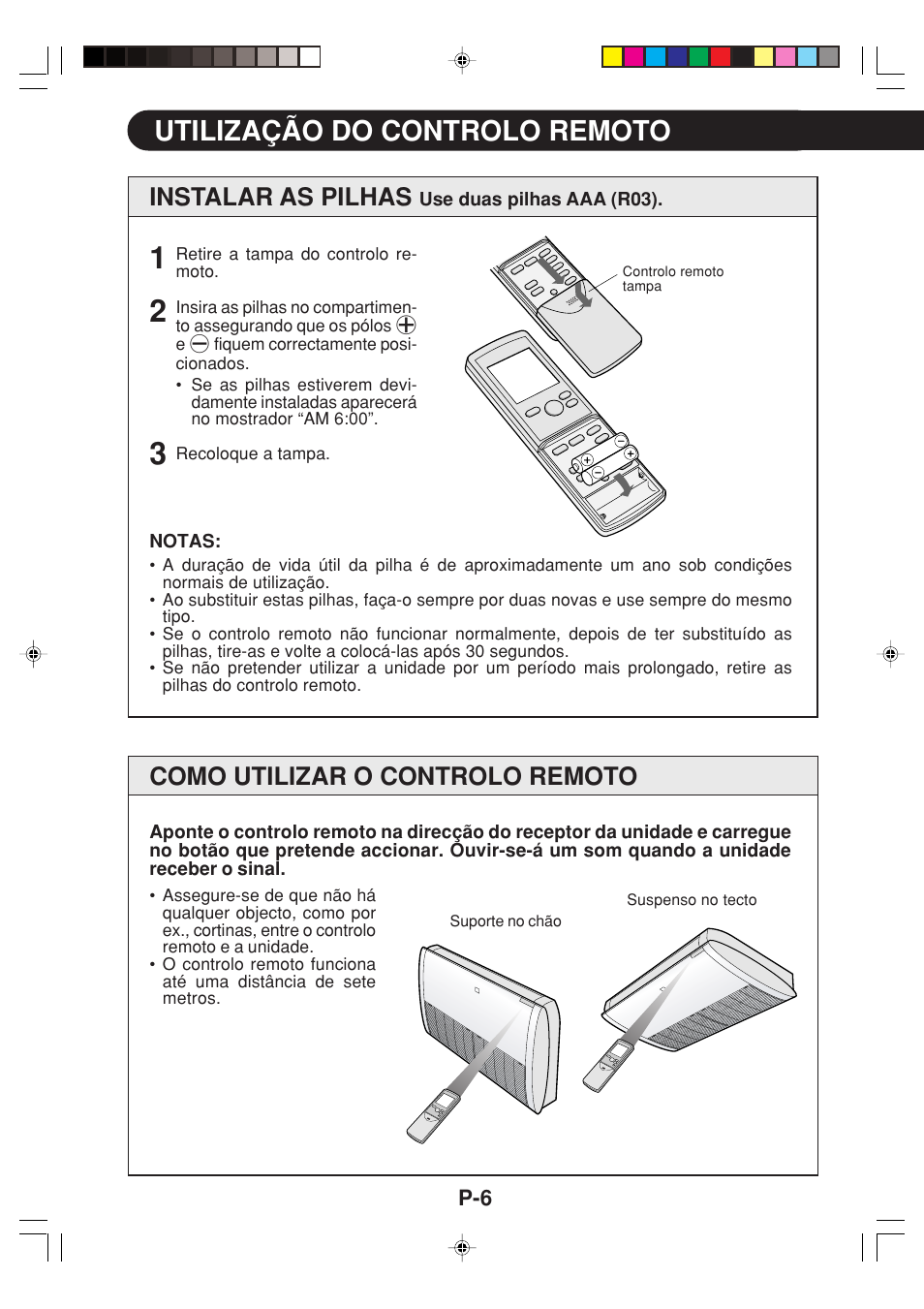 Utilização do controlo remoto, Instalar as pilhas, Como utilizar o controlo remoto | Sharp GS-XPM12FR User Manual | Page 68 / 104