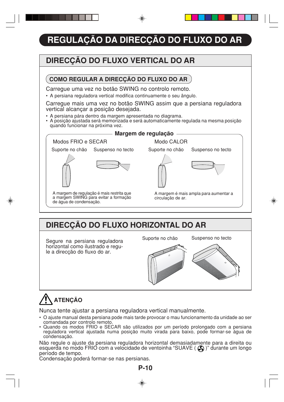 Regulação da direcção do fluxo do ar, Direcção do fluxo vertical do ar, Direcção do fluxo horizontal do ar | P-10 | Sharp GS-XPM12FR User Manual | Page 72 / 104