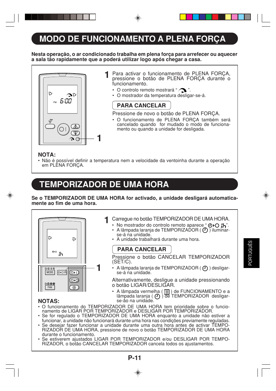 Modo de funcionamento a plena força, Temporizador de uma hora, P-11 | Sharp GS-XPM12FR User Manual | Page 73 / 104