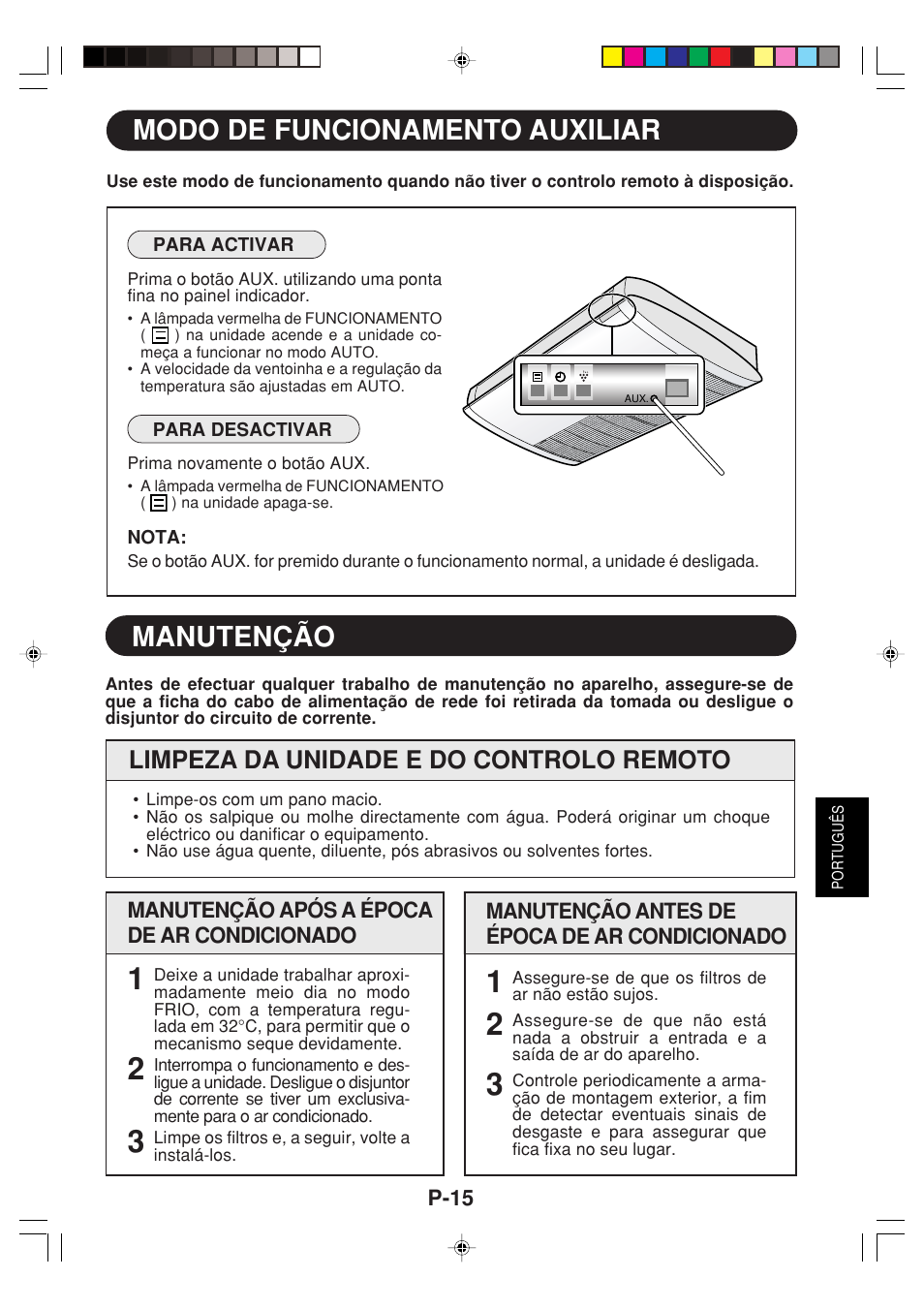 Manutenção, Modo de funcionamento auxiliar, Limpeza da unidade e do controlo remoto | Sharp GS-XPM12FR User Manual | Page 77 / 104