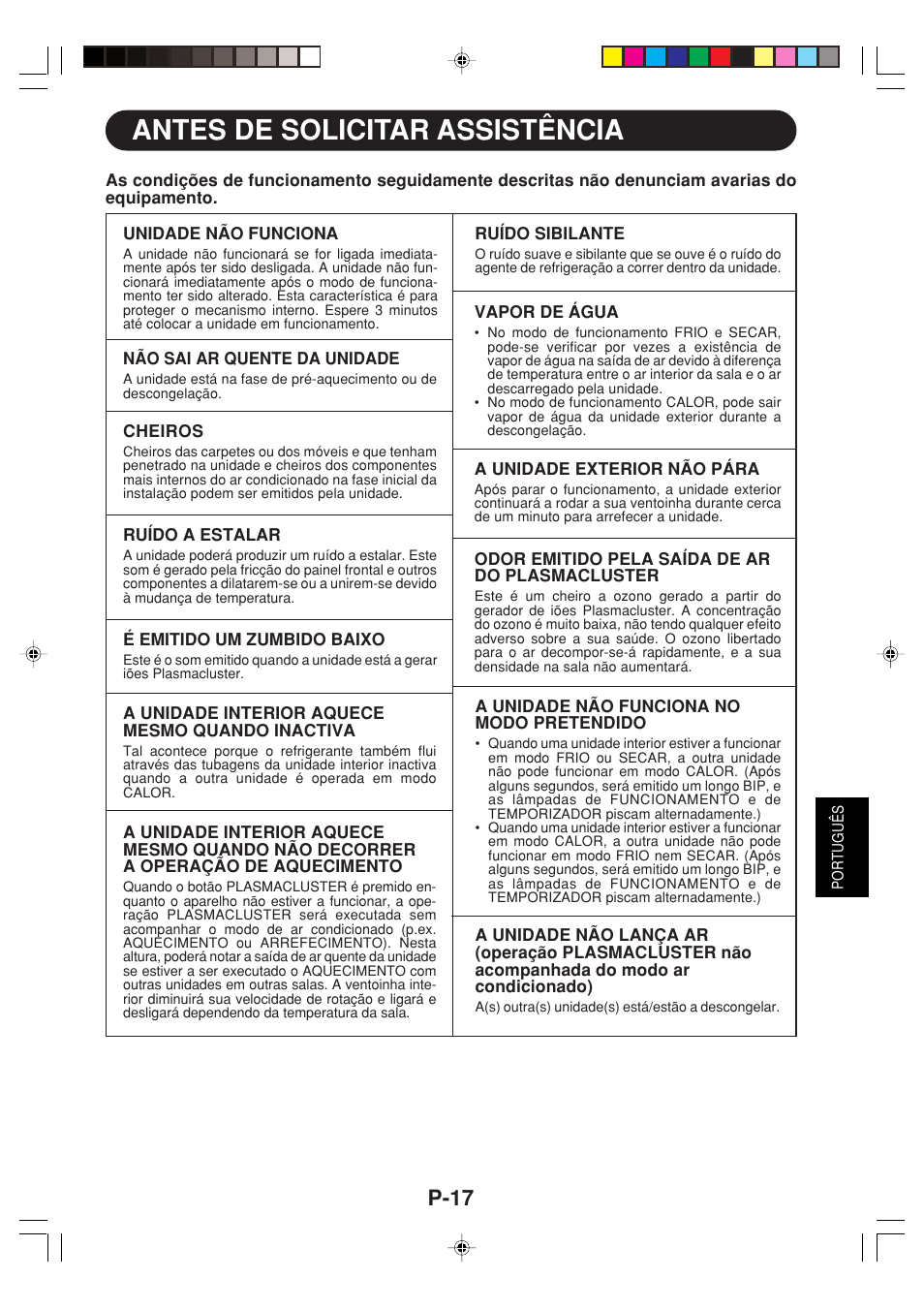 Antes de solicitar assistência, P-17 | Sharp GS-XPM12FR User Manual | Page 79 / 104