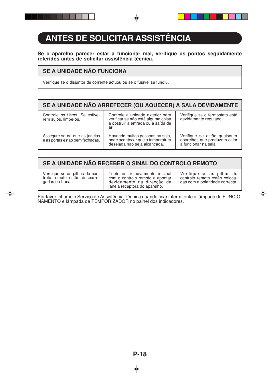 Antes de solicitar assistência, P-18 | Sharp GS-XPM12FR User Manual | Page 80 / 104