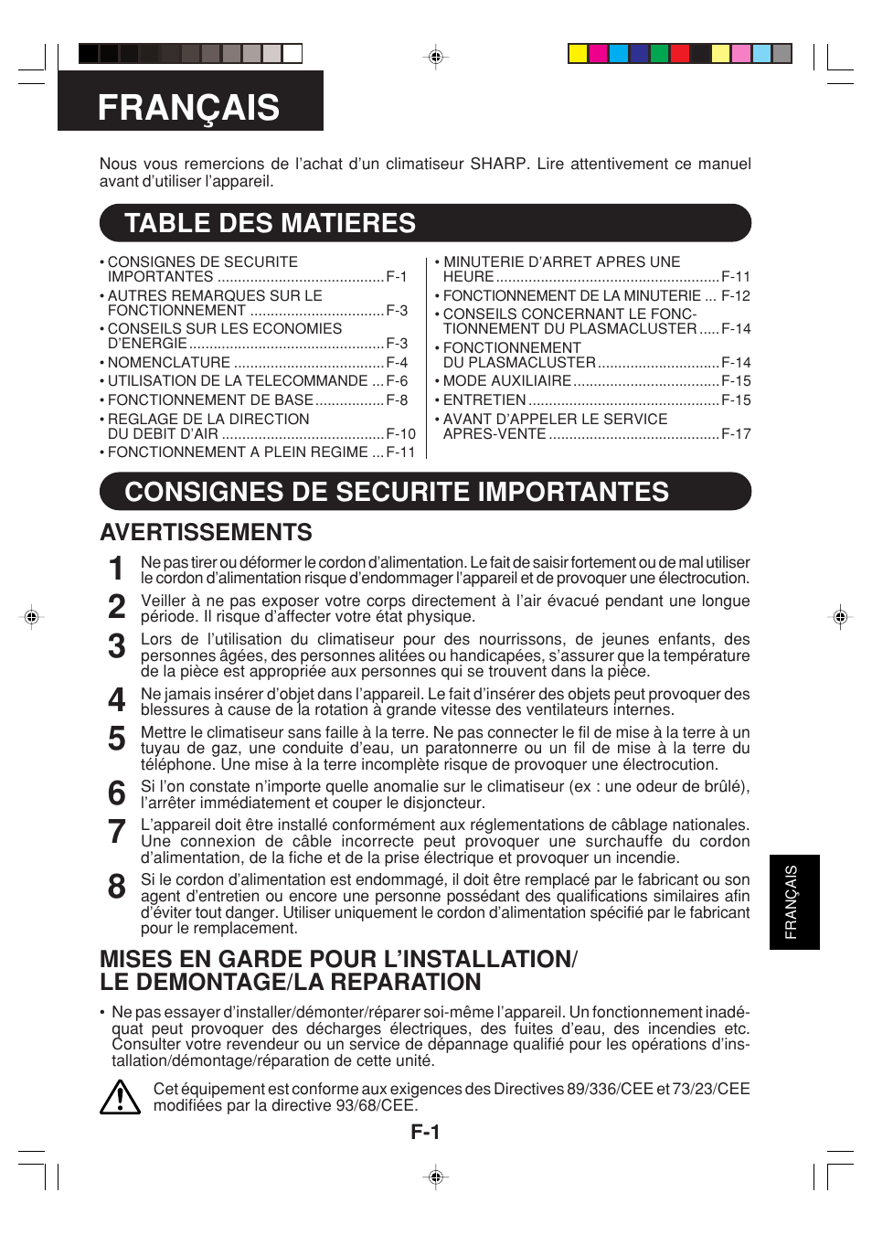 Français, Table des matieres, Consignes de securite importantes | Avertissements | Sharp GS-XPM12FR User Manual | Page 83 / 104