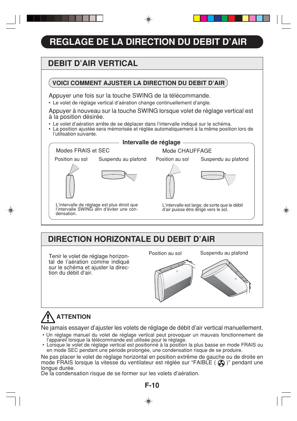 Reglage de la direction du debit d’air, Debit d’air vertical, Direction horizontale du debit d’air | F-10 | Sharp GS-XPM12FR User Manual | Page 92 / 104