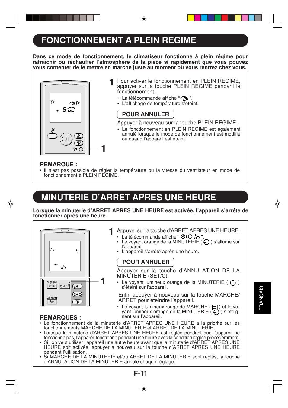 Fonctionnement a plein regime, Minuterie d’arret apres une heure, F-11 | Sharp GS-XPM12FR User Manual | Page 93 / 104