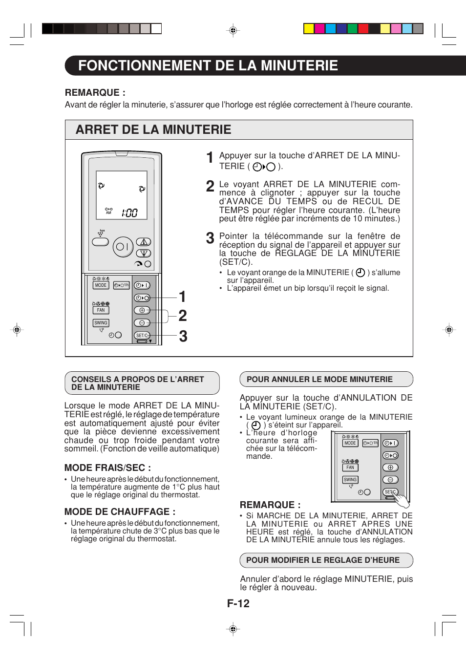 Fonctionnement de la minuterie, Arret de la minuterie, F-12 | Sharp GS-XPM12FR User Manual | Page 94 / 104