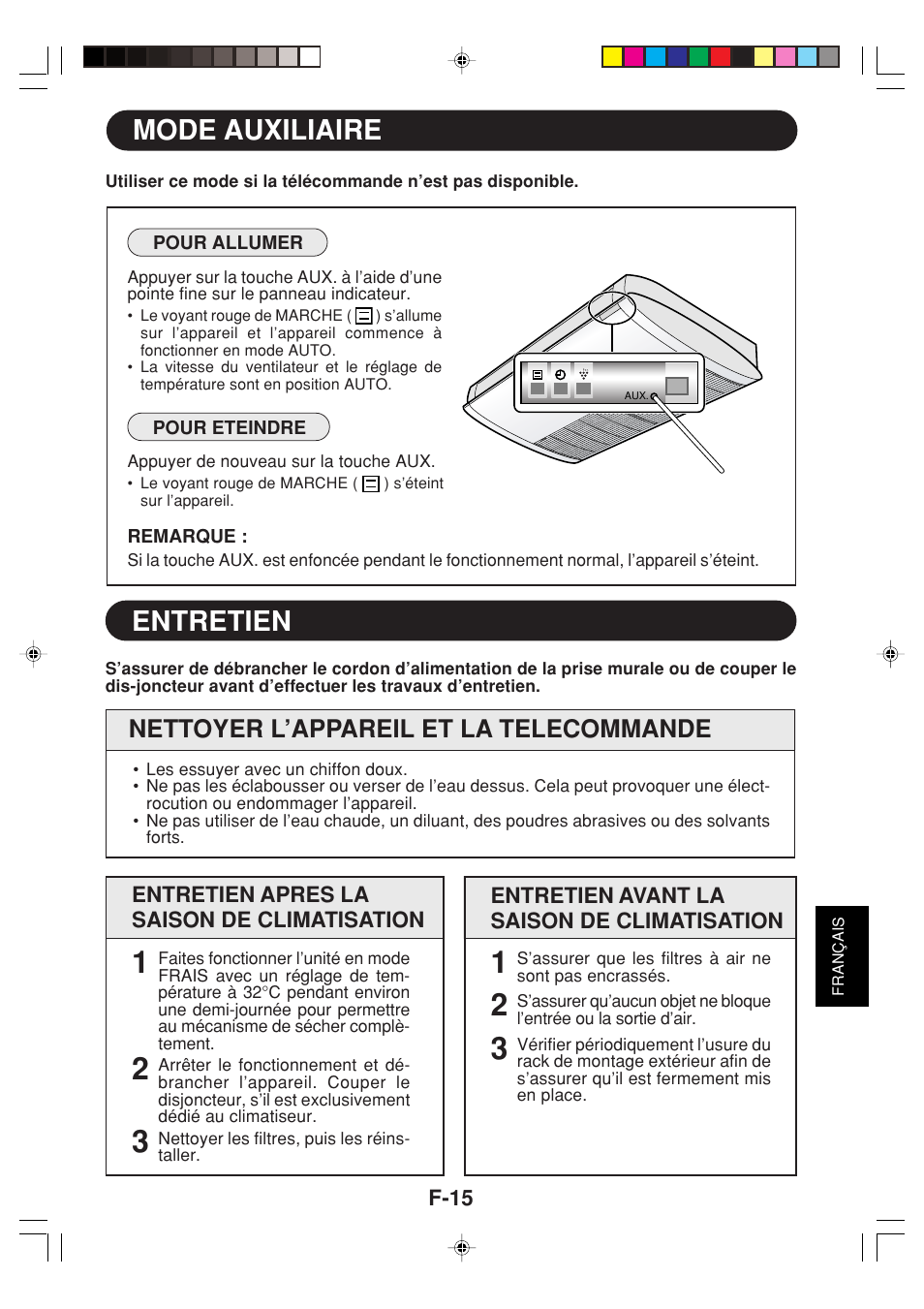 Entretien, Mode auxiliaire, Nettoyer l’appareil et la telecommande | Sharp GS-XPM12FR User Manual | Page 97 / 104