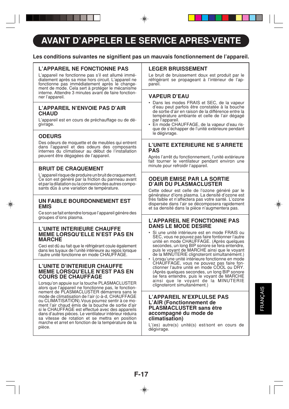 Avant d’appeler le service apres-vente, F-17 | Sharp GS-XPM12FR User Manual | Page 99 / 104