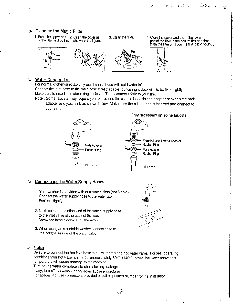 Cleaning the maaic filter, Connecting the water supply hoses, Note | Avanti W751SC User Manual | Page 10 / 31