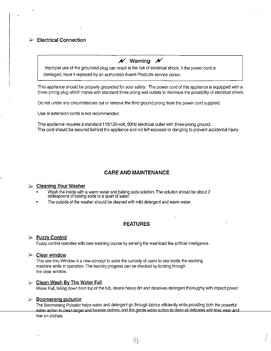 Electrical connection, Warning, Care and maintenance | Cleaning your washer, Features, Fuzzy control, Clear window, Clean wash by the water fall, Boomerang pulsator | Avanti W751SC User Manual | Page 11 / 31