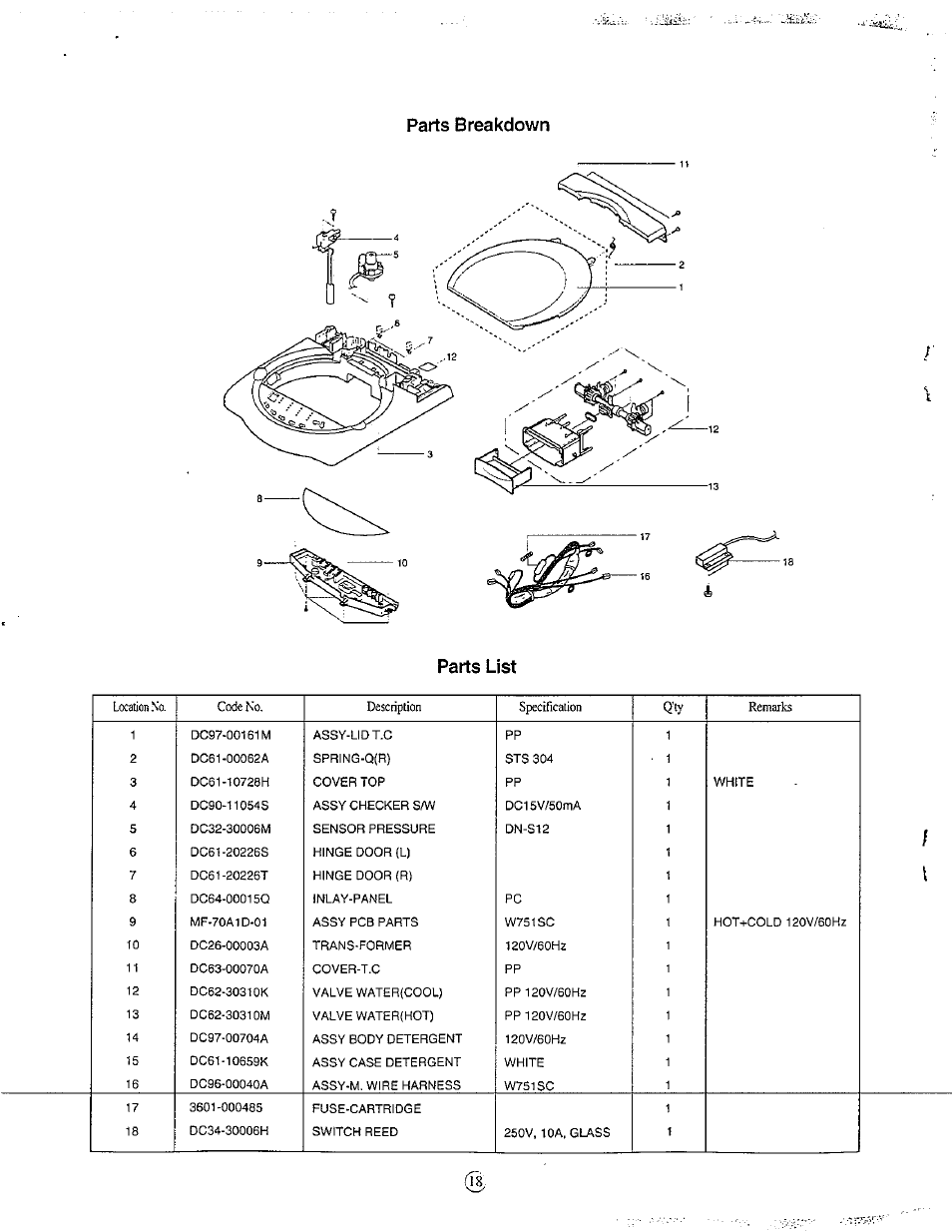 Parts breakdown, Parts list | Avanti W751SC User Manual | Page 18 / 31