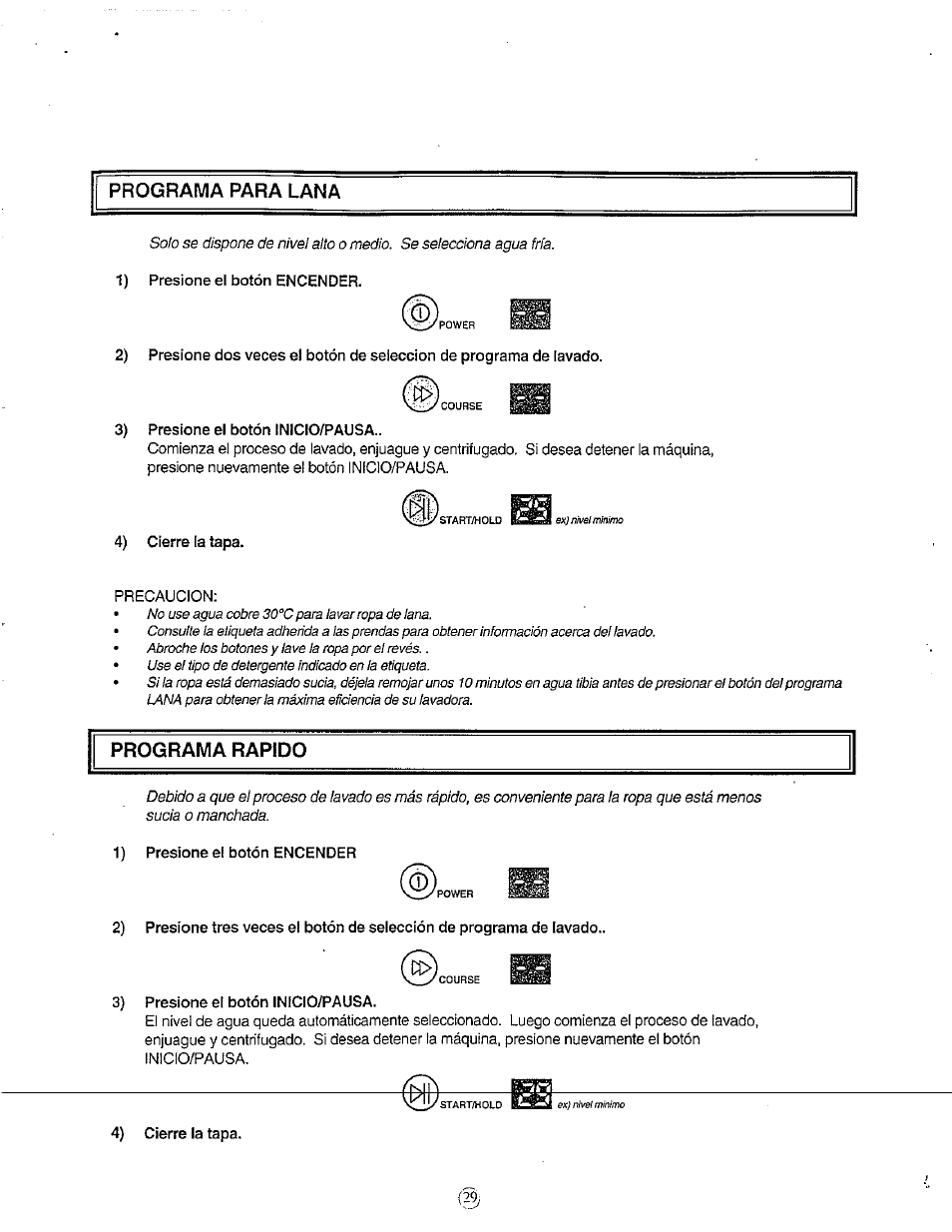Programa para lana, Programa rapido | Avanti W751SC User Manual | Page 29 / 31
