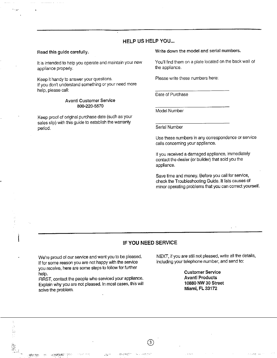 Help us help you, If you need service | Avanti W751SC User Manual | Page 3 / 31