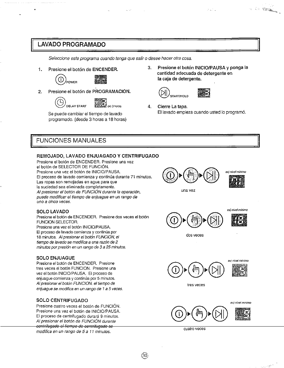 Presione el botón de encender, Presione el botón de programacion, Cierre la tapa | Remojado, lavado enjuagado y centrifugado, Solo lavado, Solo enjuague, Solo centrifugado, Funciones manuales, Lavado programado | Avanti W751SC User Manual | Page 30 / 31
