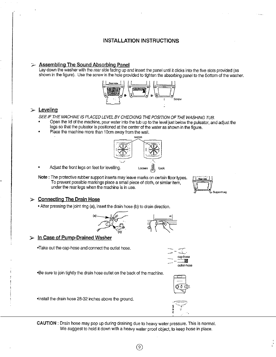 Assembling the sound absorbing panel, Leveling, Connecting the drain hose | In case of pump-drained washer | Avanti W751SC User Manual | Page 9 / 31