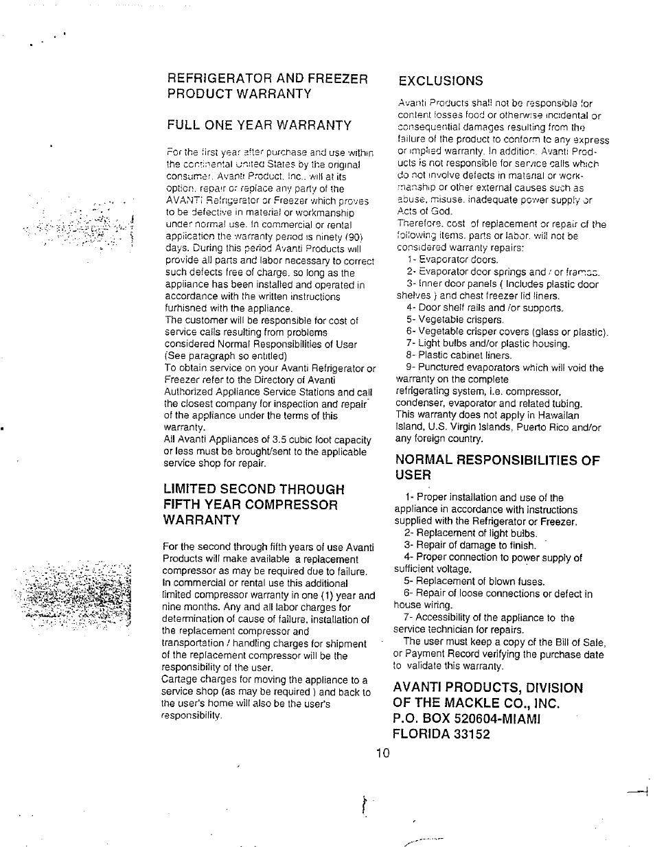 Refrigerator and freezer product warranty, Full one year warranty, Normal responsibilities of user | Avanti 1043 YW User Manual | Page 11 / 11