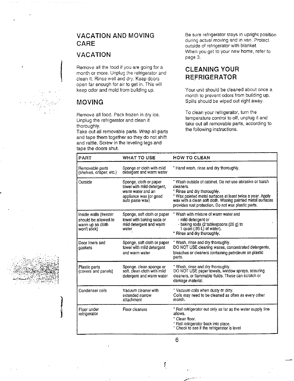 Vacation and moving care, Vacation, Moving | Cleaning your refrigerator, Vacation and moving care vacation | Avanti 1043 YW User Manual | Page 7 / 11