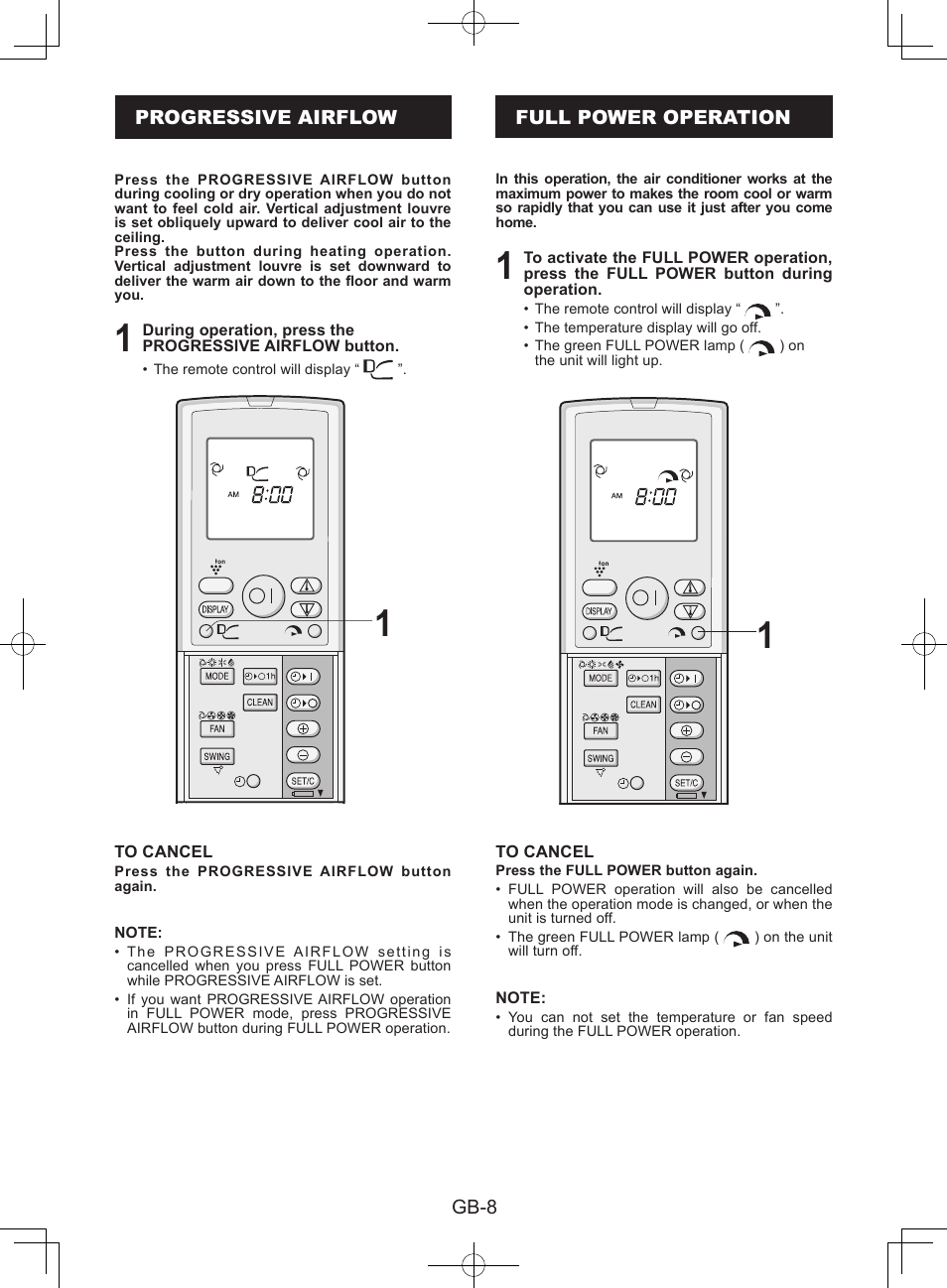 Progressive airflow, Full power operation | Sharp AY-XPC9JR User Manual | Page 10 / 116