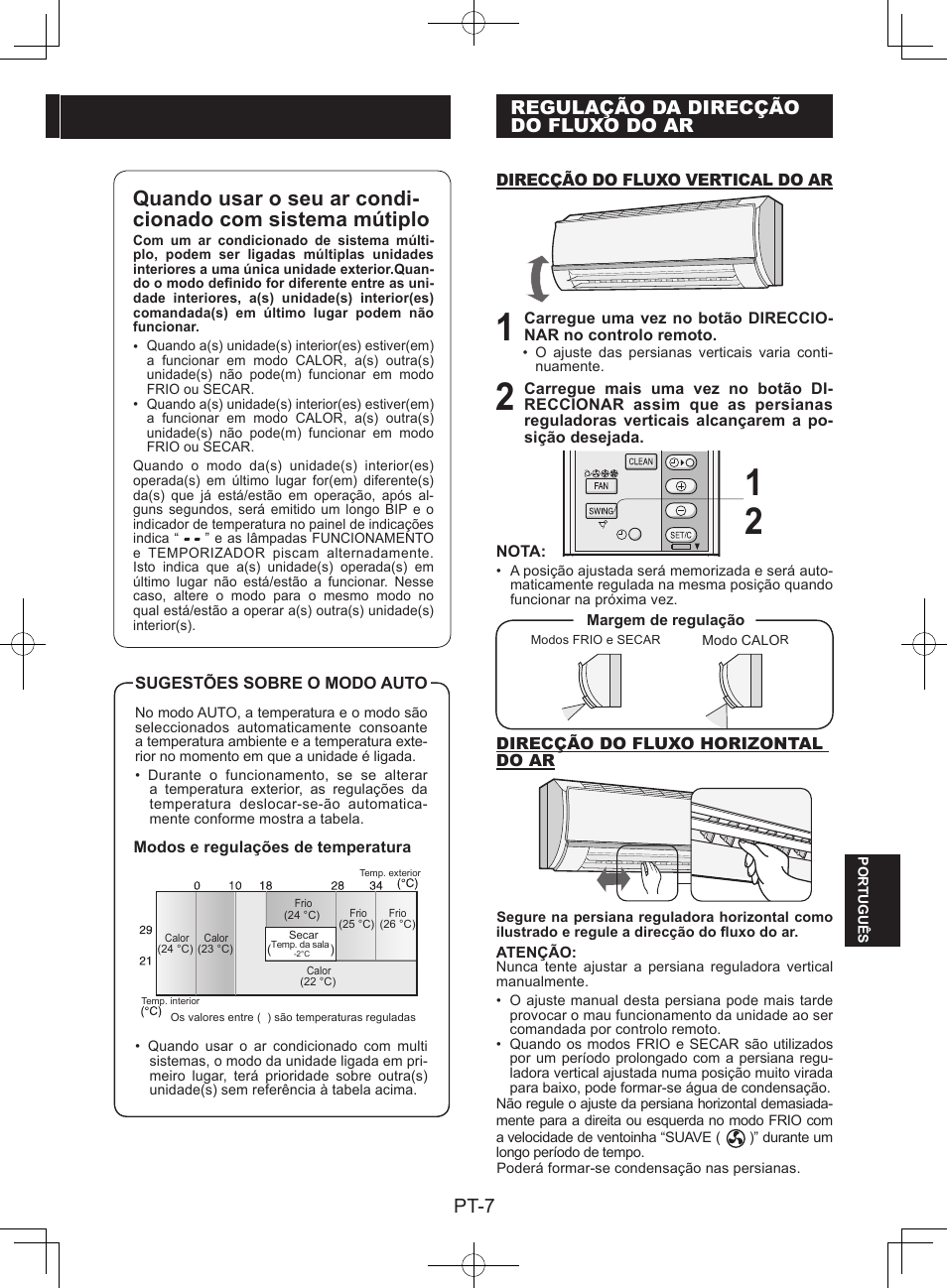 Regulação da direcçãodo fluxo do ar, Pt-7, Regulação da direcção do fluxo do ar | Sharp AY-XPC9JR User Manual | Page 105 / 116