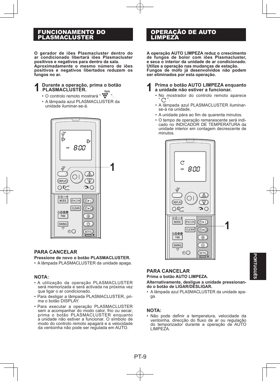 Funcionamento doplasmacluster, Operação de autolimpeza | Sharp AY-XPC9JR User Manual | Page 107 / 116