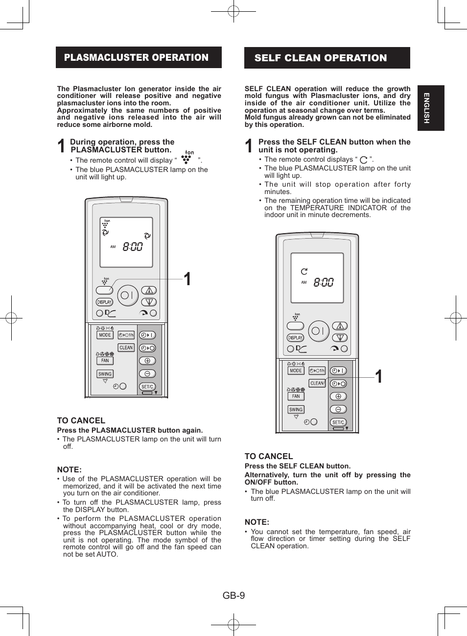 Plasmacluster operation, Self clean operation | Sharp AY-XPC9JR User Manual | Page 11 / 116