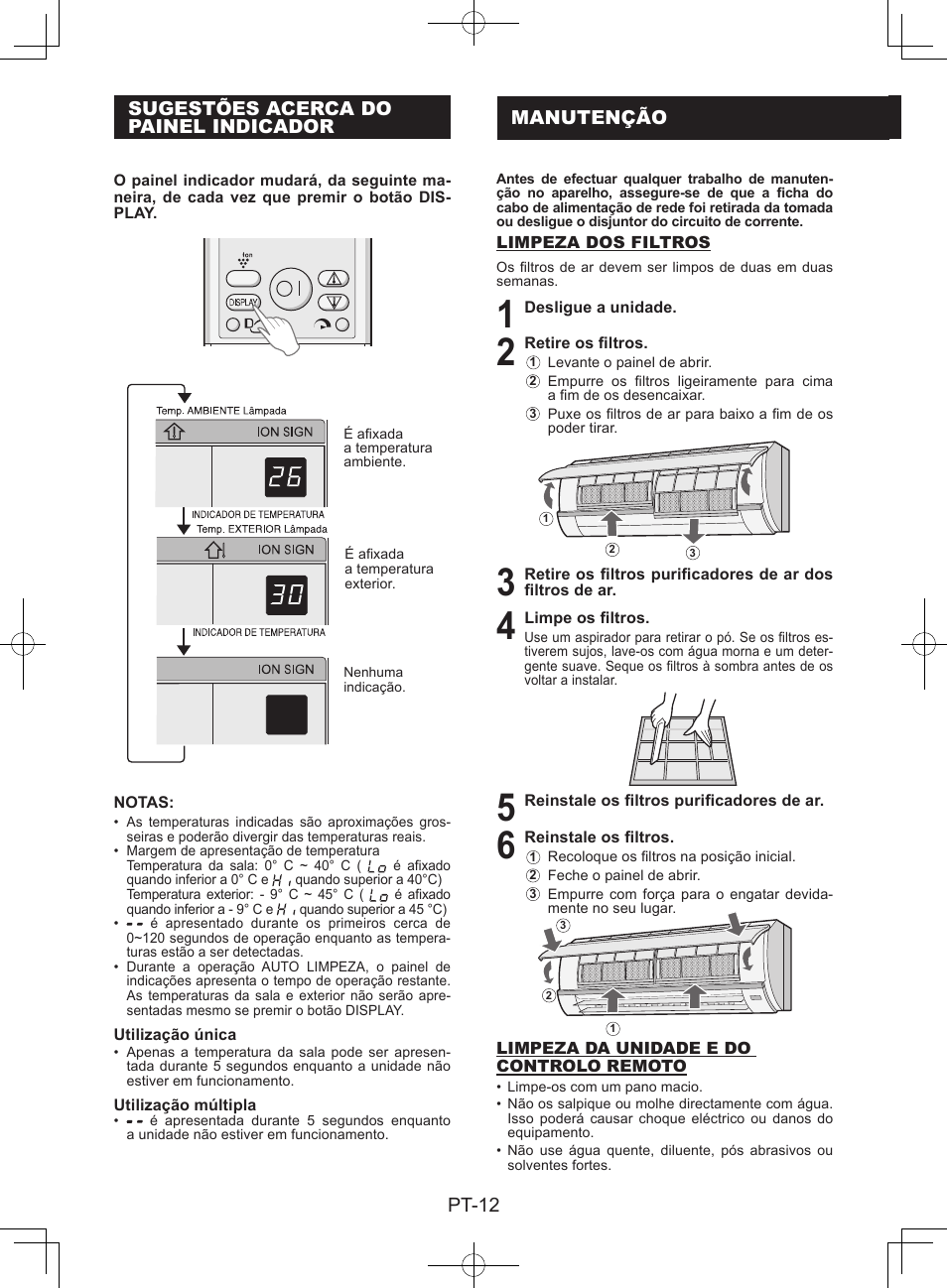 Sugestões acerca dopainel indicador, Manutenção, Pt-12 manutenção | Sugestões acerca do painel indicador | Sharp AY-XPC9JR User Manual | Page 110 / 116