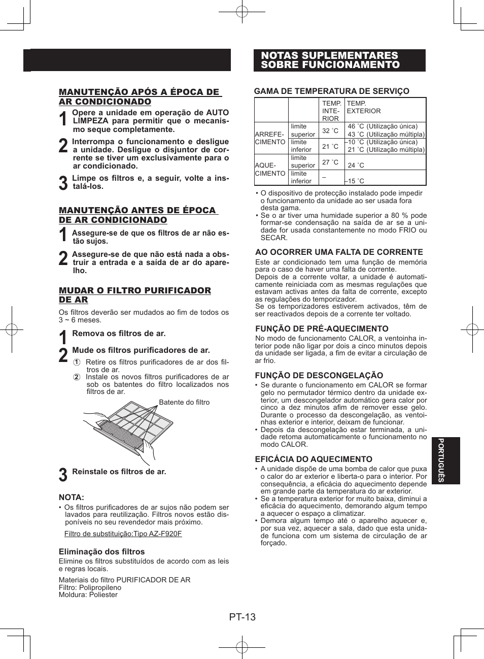 Notas suplementaressobre funcionamento, Pt-13, Notas suplementares sobre funcionamento | Sharp AY-XPC9JR User Manual | Page 111 / 116